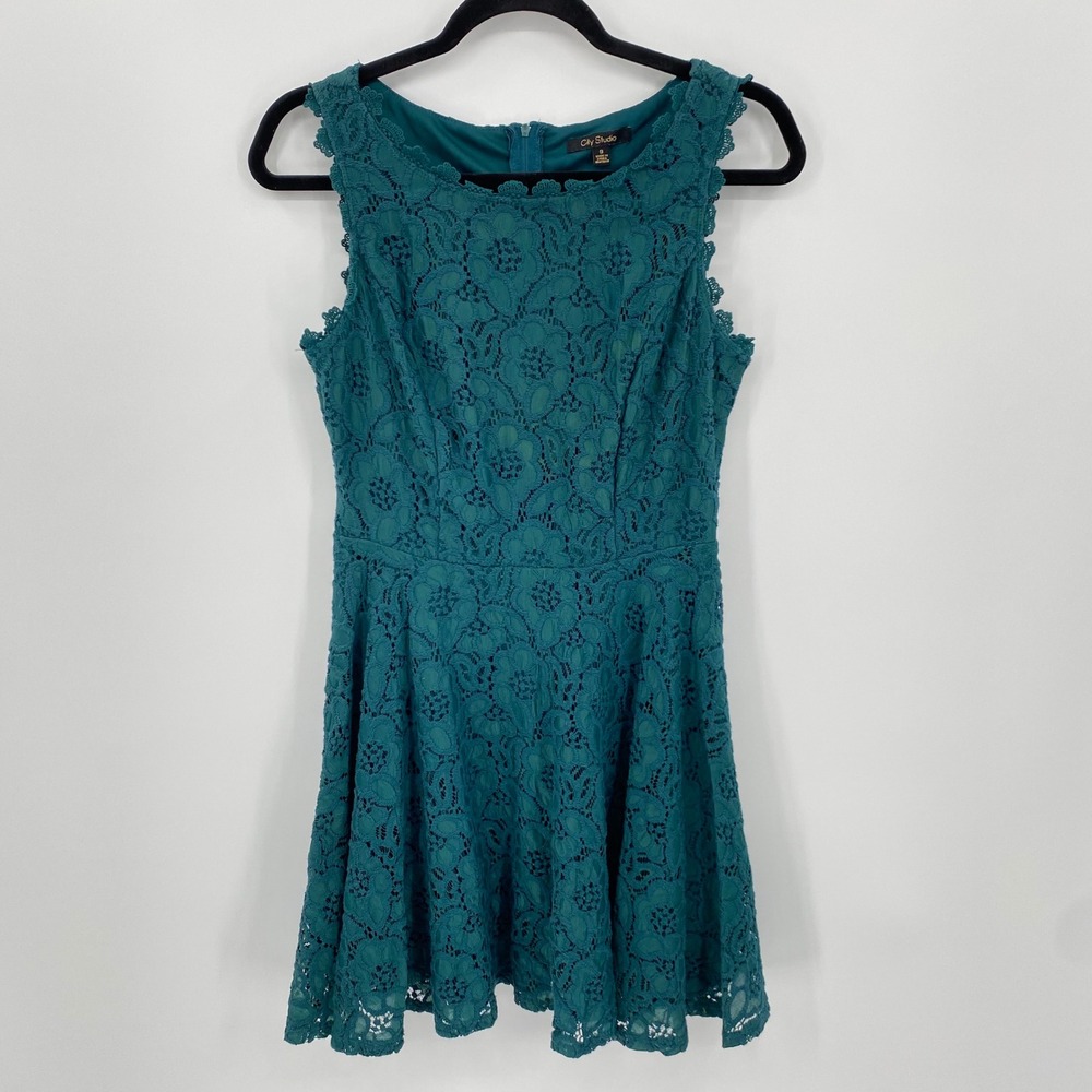 City Studio Fit Flare Dress Juniors 9 Teal Y2K 2000s Lace Formal Whimsigoth Prom